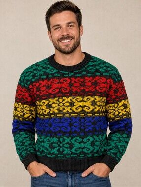 Vintage Justin Allen Black Multicolored Textured Sweater Men's Large L 80's 90's